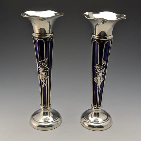 1905年 英國古董 純銀製 花瓶對 一輪插瓶 鈷藍玻璃內膽 Williams Ltd
